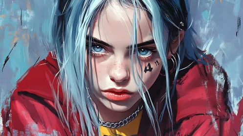 Bold blue haired girl meets the viewer with fierce calm eyes