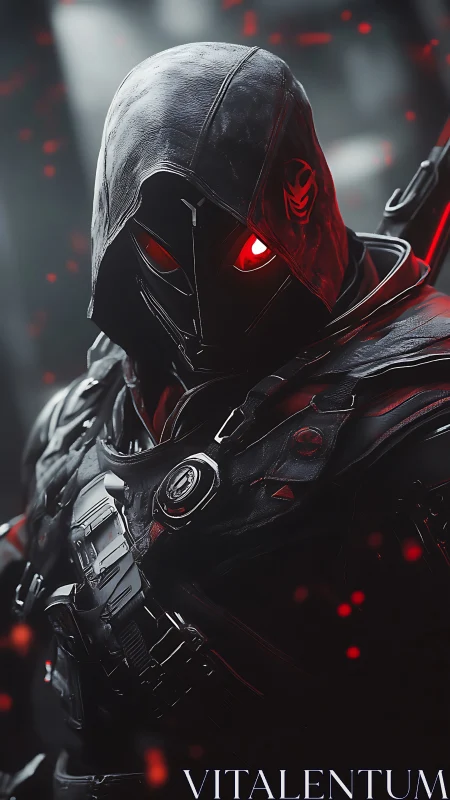 Hooded cyber assassin with glowing red visor in armor.