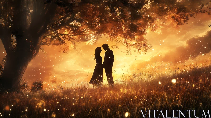 Couple Kissing Under Ancient Tree in Golden Field.