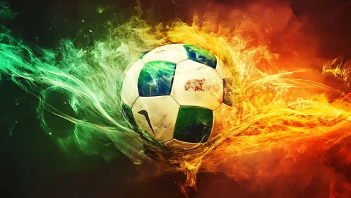 Dynamic soccer ball rendered with opposing fire and smoke effects