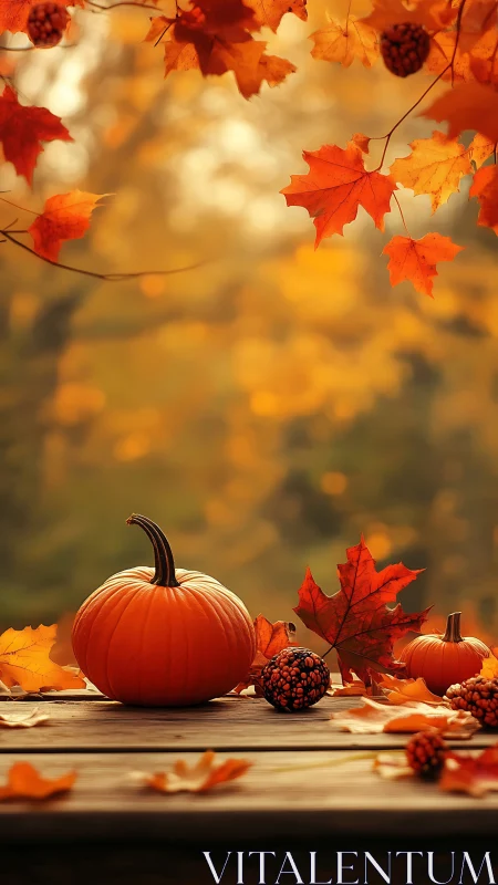 Autumn pumpkin still life on rustic wooden table outdoors.