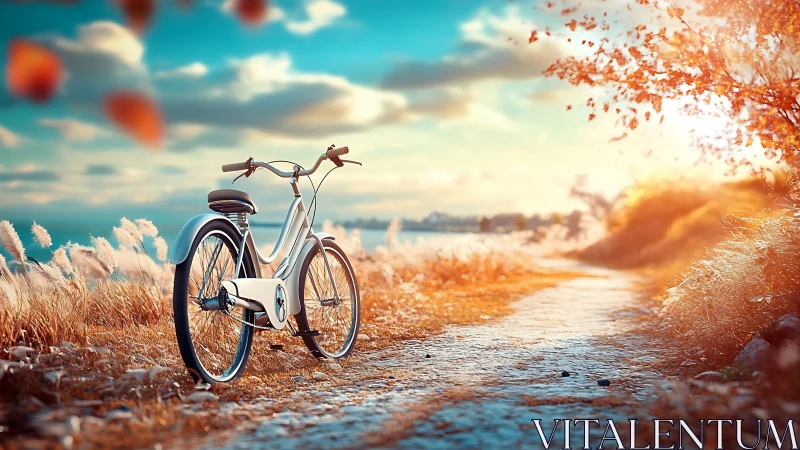 Bicycle on Coastal Path with Autumn Foliage.