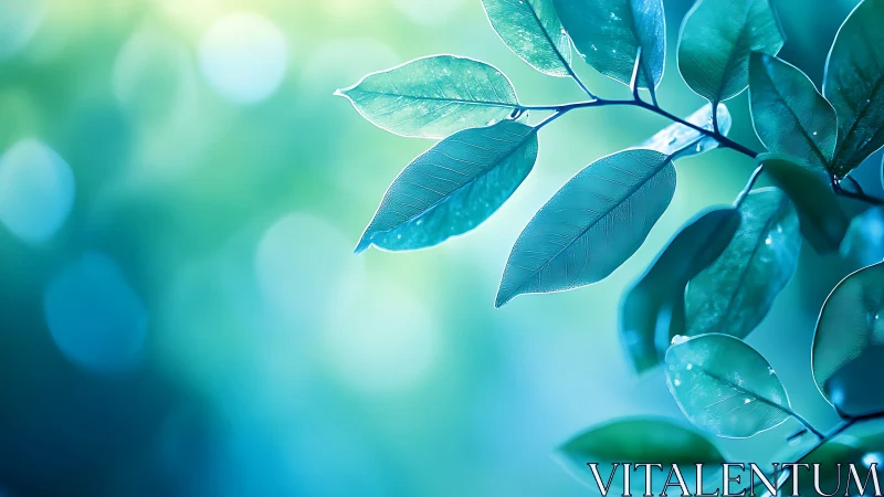 Close-up of Green Leaves with Soft Blue Background, Nature Art.
