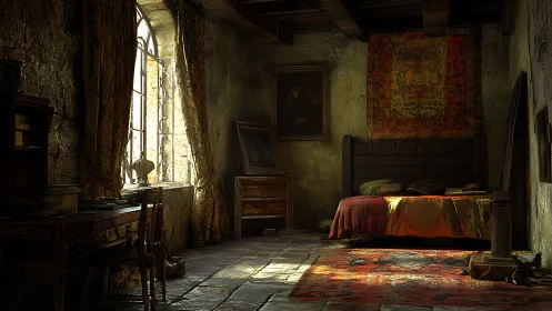 Weathered medieval bedroom with soft window light period.