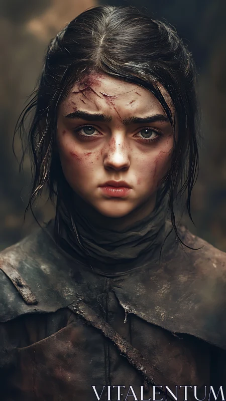 Battle-scarred girl forged in dusk and quiet fury.