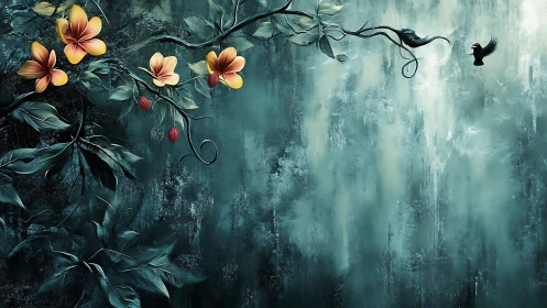 Moonlit jungle blossoms cradle a solitary midnight bird.