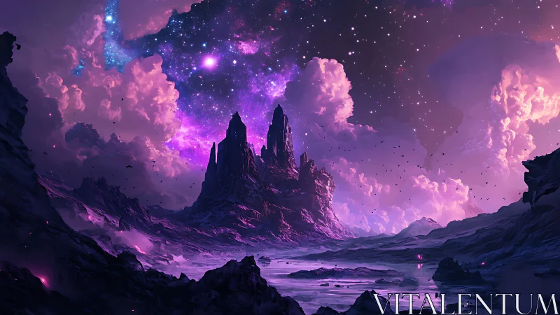 Nebula-lit alien spires above luminous violet canyonscape.