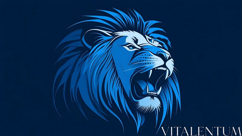 Bold blue roaring lion head graphic on dark background.