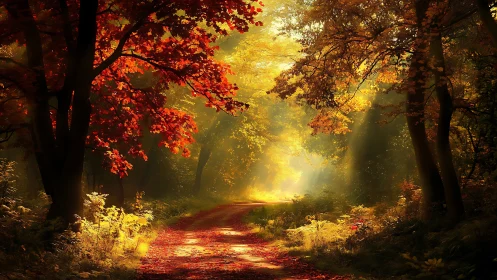 Forest pathway with autumn foliage and filtered sunlight