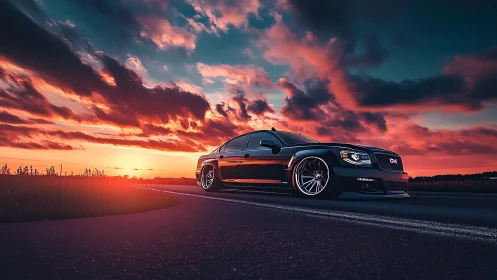 Lowered black sedan cuts through vivid sunset highway glow