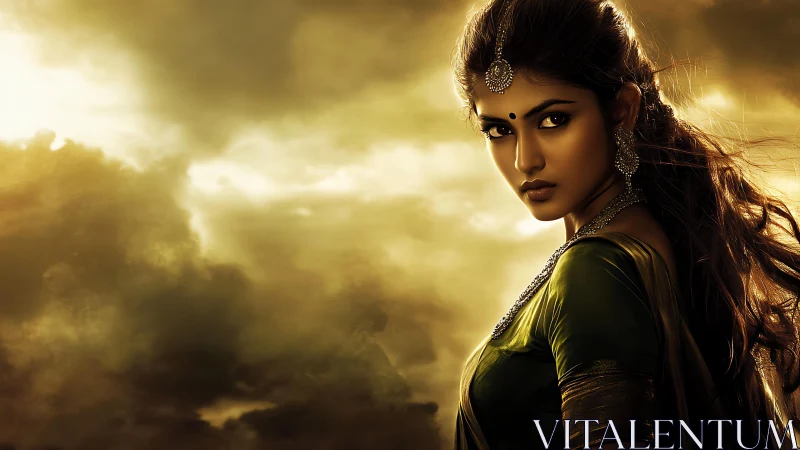 Stormlit portrait of regal Indian woman in cinematic chiaroscuro