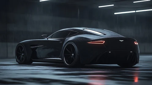 Wet black grand tourer under moody tunnel lighting in rain