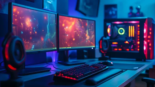 RGB-lit dual monitor gaming setup glows in a neon studio