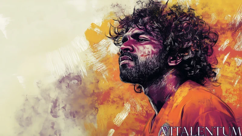 Defiant curly‑haired footballer in vivid brushstroke portrait.