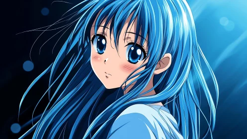 Shy blue haired girl glows softly in a quiet night breeze.