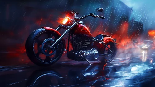 Red motorcycle on wet city street under heavy rain at night.