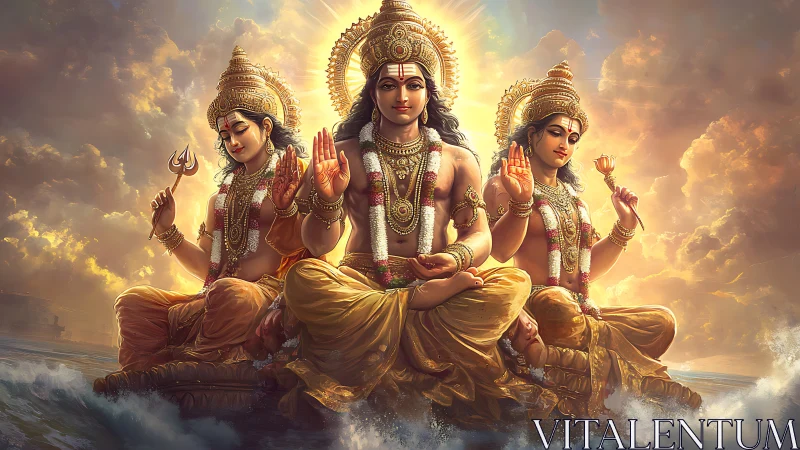 Hindu trinity seated on ocean waves amid radiant clouds.