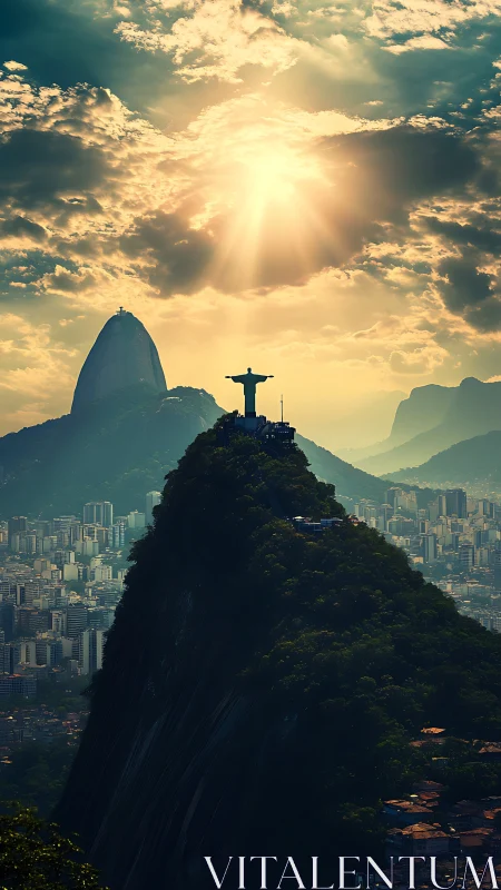 Backlit monumental statue over Rio skyline under radiative sky.