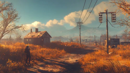 Sunlit autumn path winding past a quiet rustic cabin.