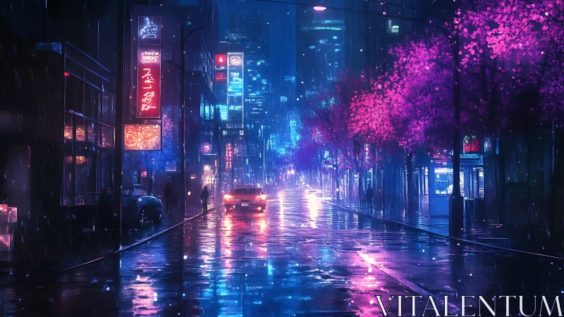 Neon drenched cyberpunk avenue with rain reflections and car
