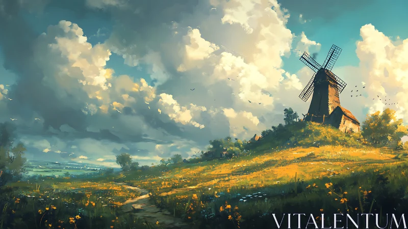Sunlit country windmill watches over a golden flower meadow
