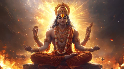 Seated deity figure in radiant fire-lit meditative setting.