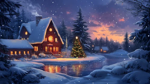 Snow-lit log cabin and Christmas tree by reflective frozen river.