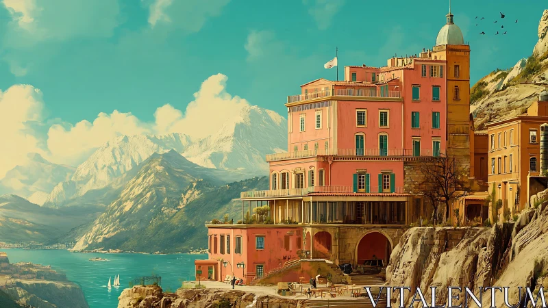 Sunlit cliffside palace sipping turquoise mountain sea air.