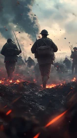 Infantry soldiers advance through burning battlefield terrain