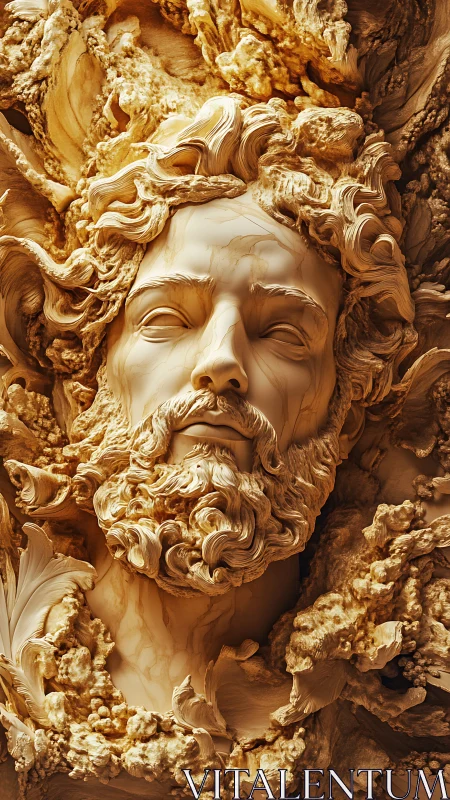 Baroque stone deity face carved within swirling strata.