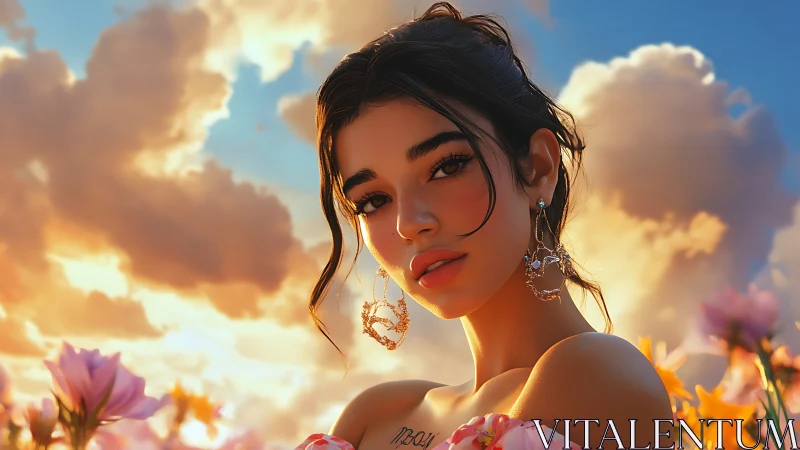 Sunlit portrait of stylized woman amid floral foreground at sunset