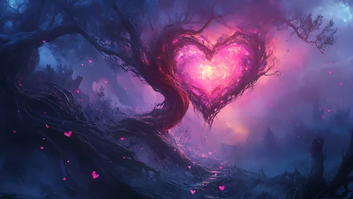 Glowing Heart Tree in Mystical Fantasy Twilight.
