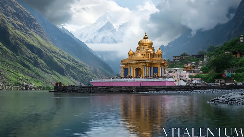 Golden riverside temple beneath towering snowy peaks.