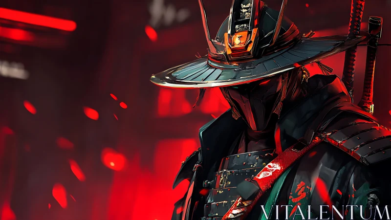 Cyber samurai warrior stands in glowing red embers.
