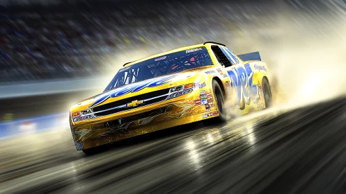 Golden stock car storms the speedway in glittering heat.