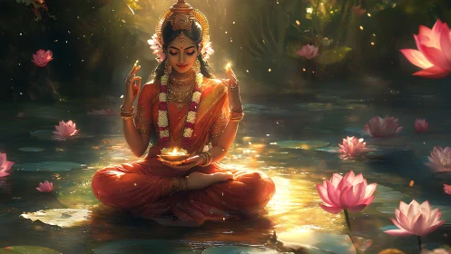 Divine woman meditates amid lotus pond with volumetric rim lighting