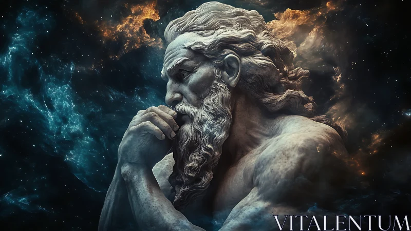 Stone colossus in cosmic nebula environment in profile view.