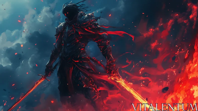 Armored dark warrior with twin flaming swords dominates inferno