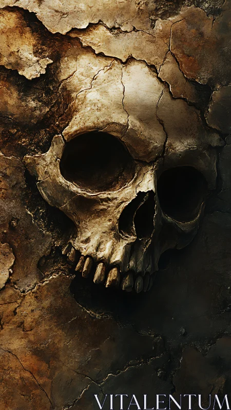 Weathered human skull emerging from cracked stone wall.