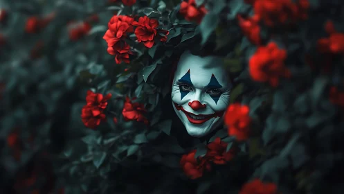 Clown face peers through dense red flowers in dark foliage