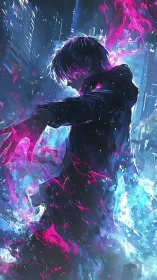 Neon powered figure in dark futuristic city alley.