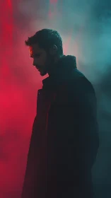 Moody side-profile portrait in red and teal cinematic haze.