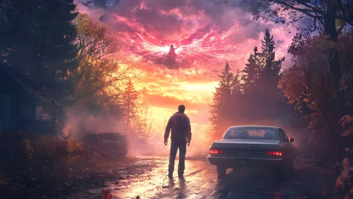 Man watches fiery sky phoenix above forest road at dusk.