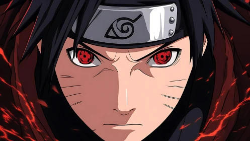 Fiery-eyed anime ninja locks gaze in intense focus
