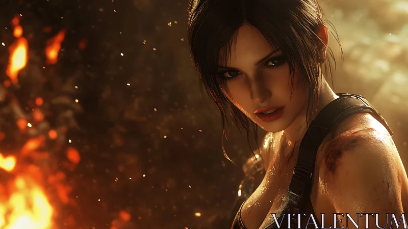 Battle-worn heroine rendered in cinematic 3D against firelight