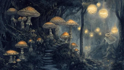 Enchanted mushroom forest under glowing hanging orbs at dusk.