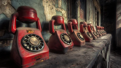Row of red rotary phones decays in a moody abandoned corridor
