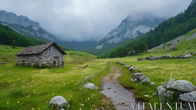 Stone shepherd hut beside wet trail in misty alpine valley