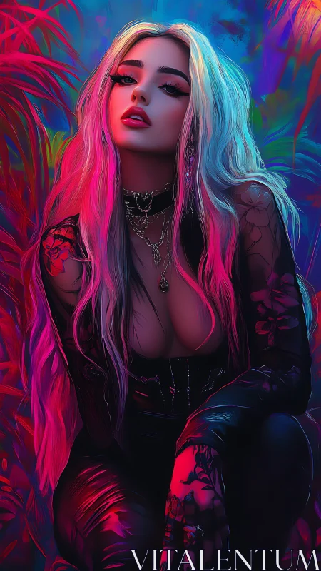 Electric neon muse leans close in vibrant jungle glow