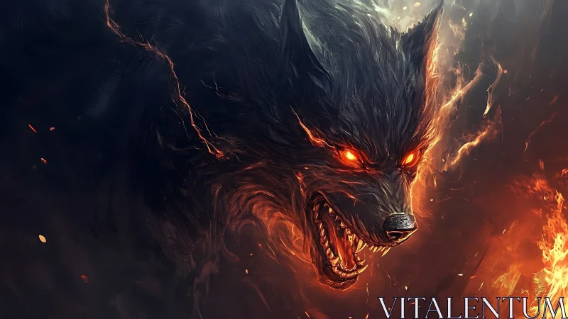 Infernal lupine entity with incandescent ocular combustion field.